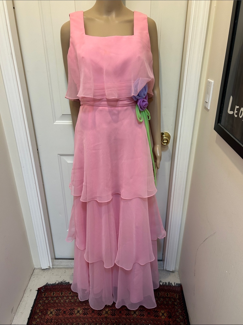 VTG 60s 70s Miss Elliette Pink Tiered Chiffon Sleeve Maxi Dress w/Flower Detail